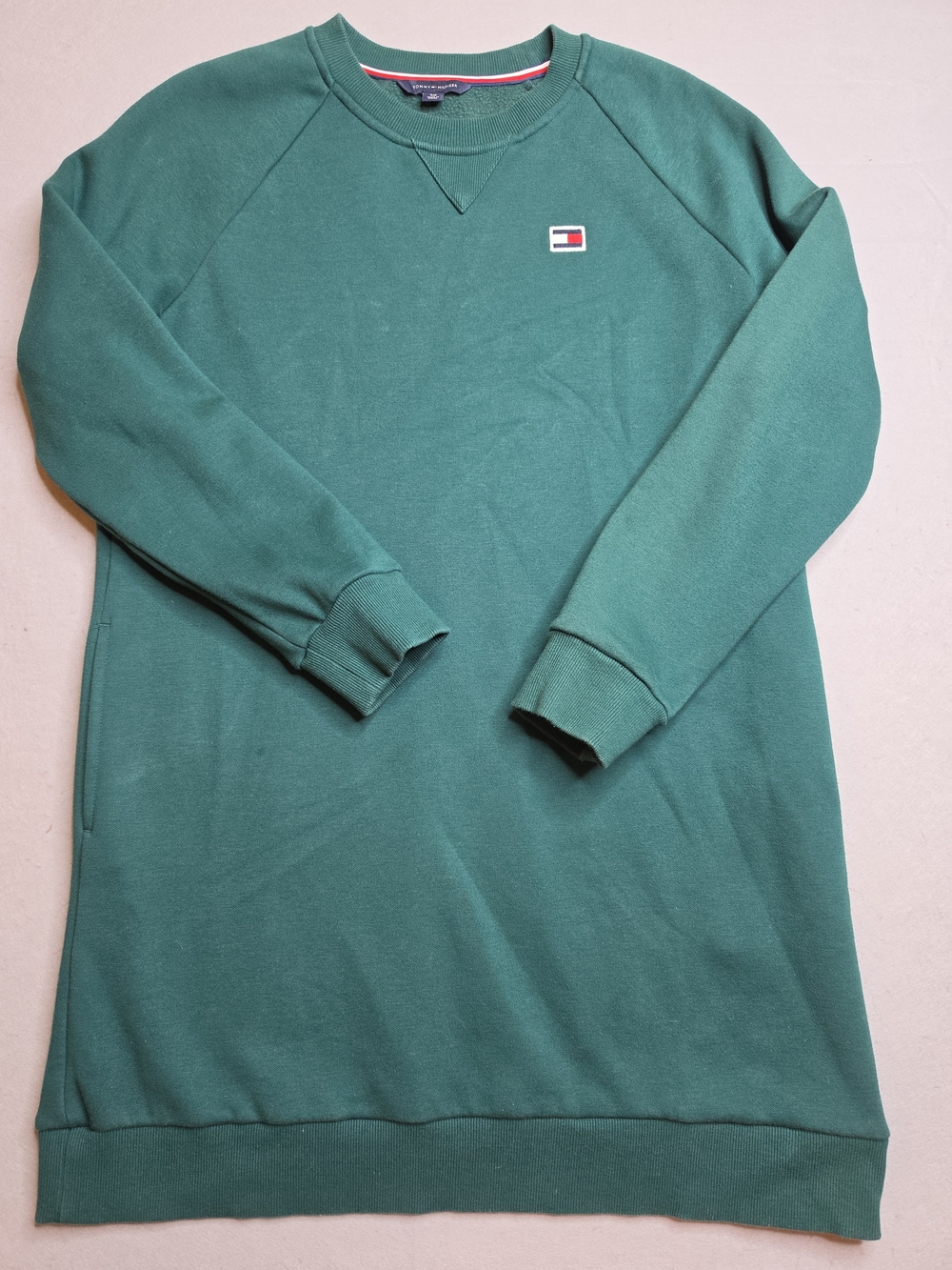 Tommy Hilfiger Forest Green Fleece Crewneck Sweatshirt Dress Pockets Size Small